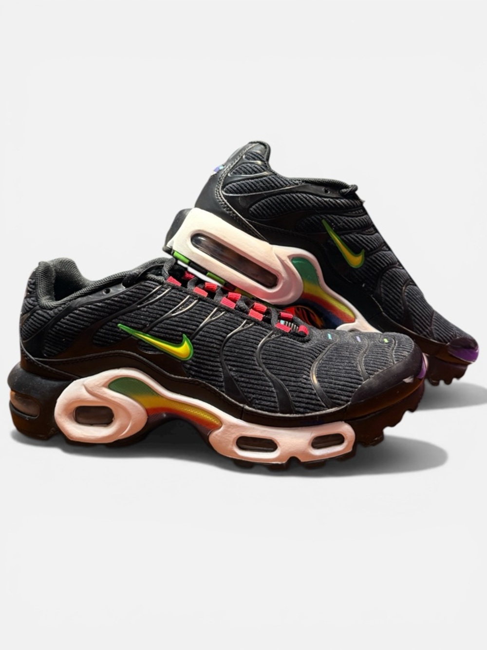Nike Big Kids Air Max Plus Black with Neon Green Swoosh and Multi Accents